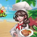 Naishahmo kokinasussa pitää lautasella pihviä rannalla, ja taustalla on teksti Dream Chefs
