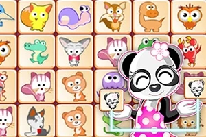 Sarjakuvaeläinhahmoja ruudukoissa, etualalla panda pukeutuneena pinkkiin esiliinaan ja kukkaan