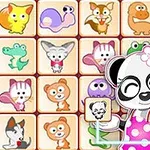 Sarjakuvaeläinhahmoja ruudukoissa, etualalla panda pukeutuneena pinkkiin esiliinaan ja kukkaan