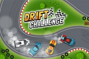 Kilparadalla driftviä tekeviä värikkäitä autoja ja teksti Drift Challenge ruutulippukuvioiden kera