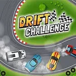 Kilparadalla driftviä tekeviä värikkäitä autoja ja teksti Drift Challenge ruutulippukuvioiden kera