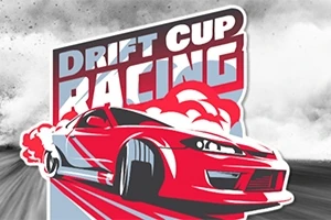 Punainen auto driftaten käännöksessä savupilven keskellä, taustalla näkyy teksti Drift Cup Racing