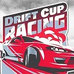Punainen auto driftaten käännöksessä savupilven keskellä, taustalla näkyy teksti Drift Cup Racing