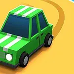 Vihreä sarjakuvamainen auto valkoisilla raidoilla ajaa hiekkatiellä jättäen renkaan jäljet peräänsä