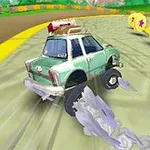 Vihreä auto driftamassa kilparadalla kirkkaiden värikkäiden kolikoiden edessä
