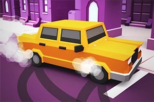 Keltainen auto driftamassa purppuranvärisessä kaupungissa synnyttäen savua renkaista