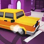 Keltainen auto driftamassa purppuranvärisessä kaupungissa synnyttäen savua renkaista