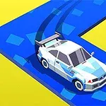 Valkoinen ja sininen piirrosauto ajamassa sinisellä mutkatiellä keltaisella taustalla