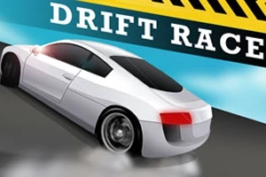 Valkoinen urheiluauto driftissä mustalla radalla, taustalla sininen taivas ja keltainen kaistale, jossa teksti Drift Race