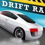 Valkoinen urheiluauto driftissä mustalla radalla, taustalla sininen taivas ja keltainen kaistale, jossa teksti Drift Race