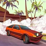Punainen auto ajelee mutkassa palmun katveessa savun keskellä
