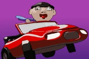 Punainen auto ja piirretty hahmo violettia taustaa vasten