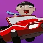 Punainen auto ja piirretty hahmo violettia taustaa vasten