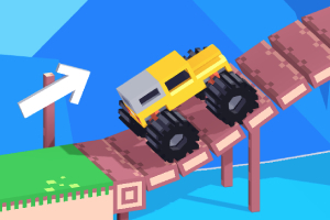 Keltainen monsteriauto ajaa jyrkällä puisella sillalla, taustalla sininen taivas ja valkoinen nuoli osoittaa eteenpäin