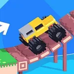 Keltainen monsteriauto ajaa jyrkällä puisella sillalla, taustalla sininen taivas ja valkoinen nuoli osoittaa eteenpäin
