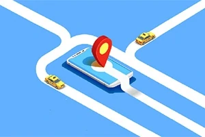 Älypuhelin näytöllään navigointimerkki, ympärillä risteilee valkoisia teitä ja pieniä keltaisia autoja sinisellä taustalla