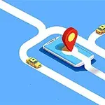 Älypuhelin näytöllään navigointimerkki, ympärillä risteilee valkoisia teitä ja pieniä keltaisia autoja sinisellä taustalla