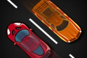 Kaksi autoa ajavat rinnakkain tiellä, yksi punainen ja toinen oranssi