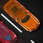 Kaksi autoa ajavat rinnakkain tiellä, yksi punainen ja toinen oranssi