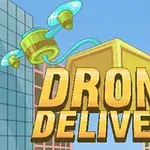 Kuva esittää piirrostyylistä drone-kuljetinta suuren kultaisen tekstin DRONE DELIVERY edessä, taustalla pilvenpiirtäjiä ja sininen taivas