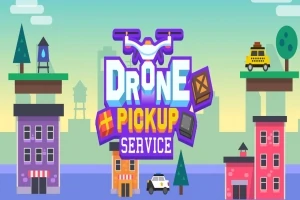 Värikäs kuvitus dronista kaupungin yläpuolella, keskellä teksti Drone Pickup Service