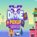 Värikäs kuvitus dronista kaupungin yläpuolella, keskellä teksti Drone Pickup Service