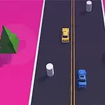 Kaksi autoa ajaa tiellä, jota ympäröi pinkki maisema, sisältäen puita, lampaita ja pyöreän kohteen