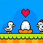 Duck Duck Kaksi pikselöityä lintua seisoo pesän ympärillä, jossa on muna, ja yläpuolella on punainen sydän