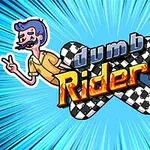 Kuvassa on sarjakuvamaiset hahmot, jotka näyttävät iloisilta ja heidän välissään on ruudullinen risti-tausta, jossa lukee dumb riders ja tausta on sininen säteittäisillä viivoilla
