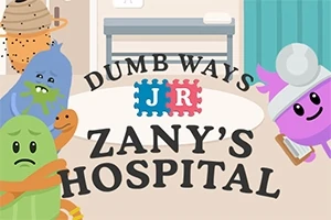 Animoituja, värikkäitä hahmoja sairaalaympäristössä sekä teksti Dumb Ways JR Zanys Hospital