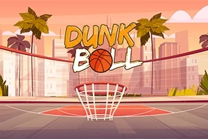 Koripallokenttä taustallaan palmuja ja kaupungin siluetti, keskellä teksti Dunk Ball