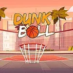 Koripallokenttä taustallaan palmuja ja kaupungin siluetti, keskellä teksti Dunk Ball
