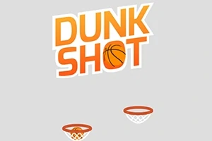 Oranssi teksti Dunk Shot koripallon kuvalla ja kaksi koripallokoria valkoisella taustalla