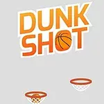 Oranssi teksti Dunk Shot koripallon kuvalla ja kaksi koripallokoria valkoisella taustalla