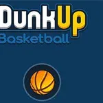Sinisellä taustalla on kirkkain kirjaimin teksti DunkUp Basketball ja sen alapuolella oranssi koripallo