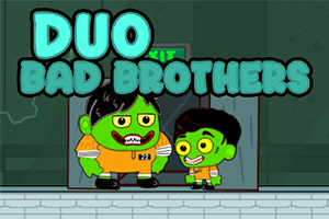 Kuvassa on kaksi vihreäihoista hahmoa oransseissa vankipuvuissa tekstin Duo Bad Brothers edessä