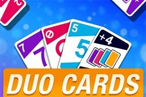 Kortteja sinisellä taustalla ja teksti DUO CARDS oranssilla palkilla