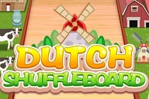 Tuulimylly ja lehmiä maaseutumaisemassa, taustalla lato ja maitopullo, etualalla teksti Dutch Shuffleboard