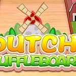 Tuulimylly ja lehmiä maaseutumaisemassa, taustalla lato ja maitopullo, etualalla teksti Dutch Shuffleboard