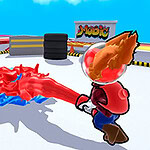 Kaksi sarjakuvamaista hahmoa kohtaavat värikkäällä taisteluareenalla, jossa toisen kädestä virtaa punainen ja sininen energia