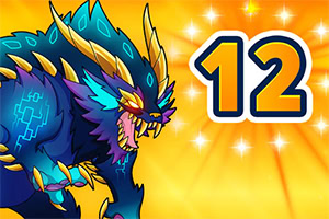 Sininen ja keltainen digitaalinen hirviö, jossa on piikikäs harja, seisoo oranssilla taustalla numeron 12 vieressä