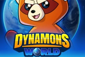 Ruskea sarjakuvahahmo ja teksti Dynamons World sinistä taustaa vasten