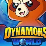 Ruskea sarjakuvahahmo ja teksti Dynamons World sinistä taustaa vasten