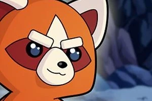 Oranssi, piirretty panda katsoo eteenpäin tummasävyisellä taustalla
