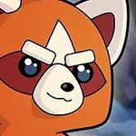 Oranssi, piirretty panda katsoo eteenpäin tummasävyisellä taustalla