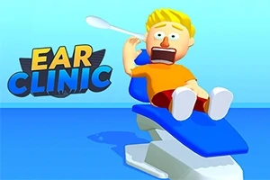Piirroshahmo makaa sinisellä hammaslääkärin tuolilla pitäen korvapuikkoa korvassaan, taustalla sininen seinä ja teksti Ear Clinic