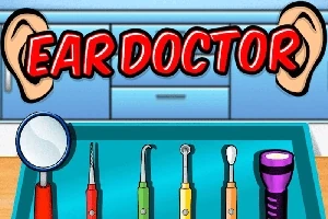 Korvalääkärin työkalut tarjottimella ja sana Ear Doctor punaisella tekstillä korvien kuvien vieressä