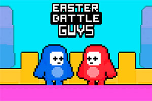 Kaksi pikselöityä hahmoa, sininen ja punainen, seisovat värikkään taustan edessä, yläpuolella teksti Easter Battle Guys