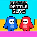 Kaksi pikselöityä hahmoa, sininen ja punainen, seisovat värikkään taustan edessä, yläpuolella teksti Easter Battle Guys