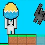 Pixeloitu valkoinen hahmo pitelee isoa värikästä pääsiäismunaa, kun taustalla on toinen tumma hahmo hypyssä